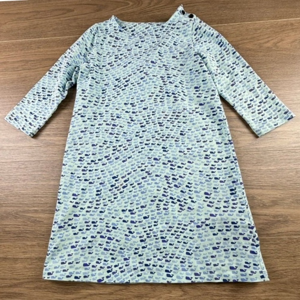 Vineyard Vines Girls Whale Print Aqua Shift Dress 3/4 Sleeve Preppy Spring Sz M